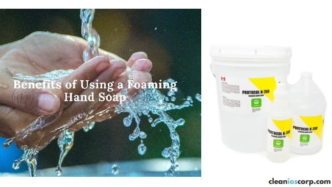 Foaming Hand Soap-Feature image of cleanios hand soap and an image of hands getting washed under water flow