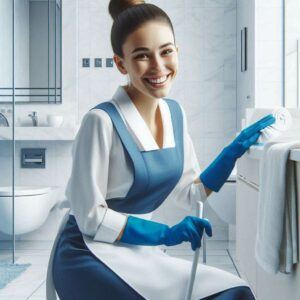 Sanitization and Disinfection- Image of a smiling female housekeeper cleaning a rest room in a hotel