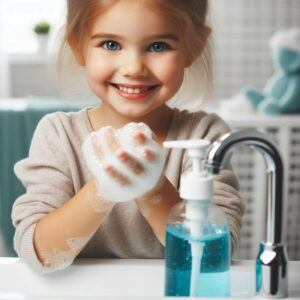 Foaming Hand Soap-Image of a young girl using foaming hand soap at a sink