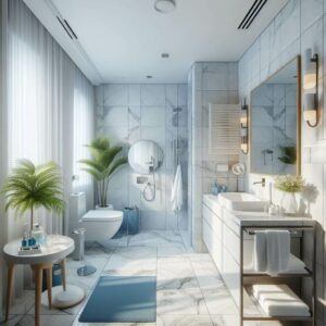 Best Washroom Experience- Feature Image of a clean bathroom in an high end hotel room in white and blue